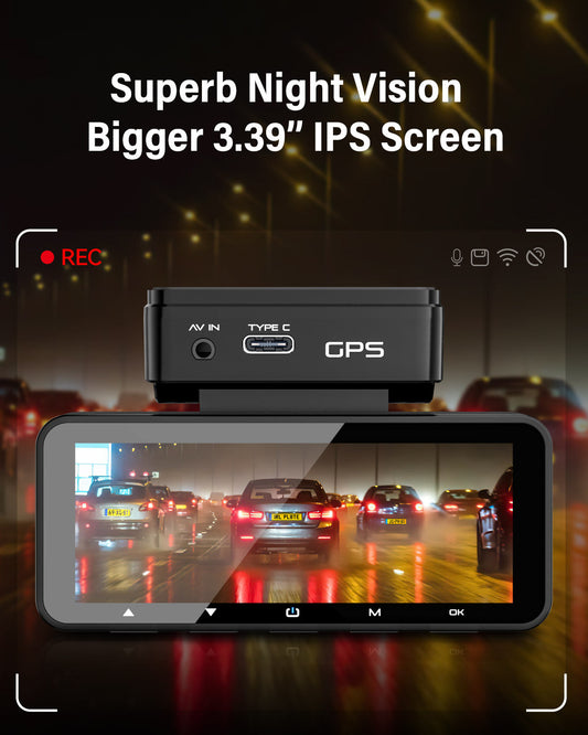 FOCUWAY D2 Duo Dash Cam + FOCUWAY Dash Cam Hardwire Kit, Front Rear 4K Built-in GPS 5GHz WiFi, 3.39’’ IPS Screen, Voice Control,