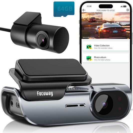 Dash Cam Front And Rear 4K Built-in 5GHz WiFi, Focuway T5 Dash camera Dual Dash Cam Front 4K Rear 1080P Hidden Dash Camera for Cars