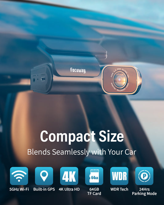 Dash Cam Front and Rear 4K, Built-in 5GHz WiFi GPS Speed, FOCUWAY T6 Dual Dash Camera for Cars Superb Night Vision, Super-Capacitor, 24Hrs Parking Monitor, WDR, Type C