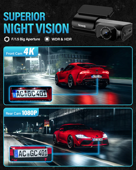 Dash Cam Front and Rear 4K, Built-in 5GHz WiFi GPS Speed, FOCUWAY T6 Dual Dash Camera for Cars Superb Night Vision, Super-Capacitor, 24Hrs Parking Monitor, WDR, Type C