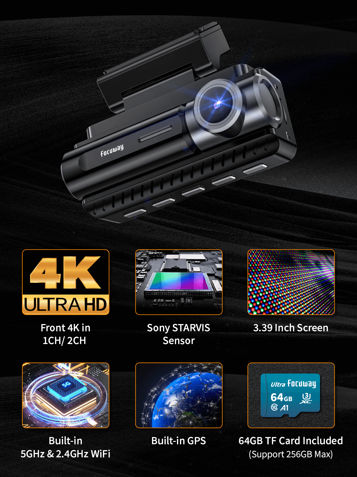 Dash Cam Front Rear 4K Built-in GPS 5GHz WiFi, 3.39'' IPS Screen, Voic– focuway Dash Cam Front Rear 4K Built-in GPS 5GHz WiFi, 3.39'' IPS Screen, Voic– focuway