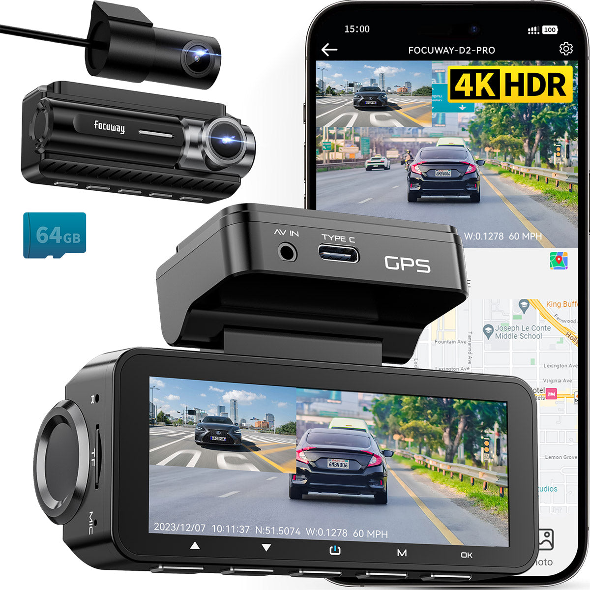 Dash Cam Front Rear 4K Built-in GPS 5GHz WiFi, 3.39’’ IPS Screen, Voice Control, Dual Dash Camera for Cars Free 64GB SD Card, Super Night Vision, 24H Parking Monitor, Supercapacitor, Type C, WDR