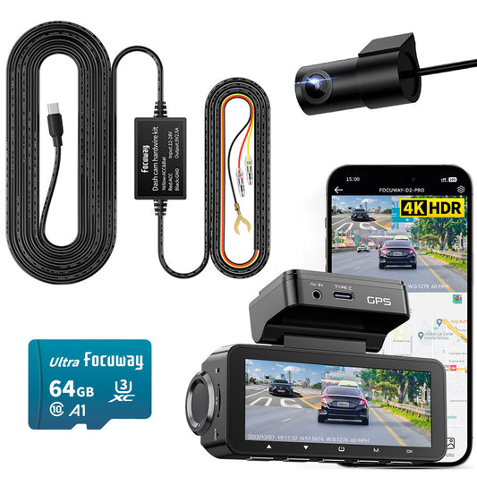 FOCUWAY D2 Duo Dash Cam + FOCUWAY Dash Cam Hardwire Kit, Front Rear 4K Built-in GPS 5GHz WiFi, 3.39’’ IPS Screen, Voice Control,
