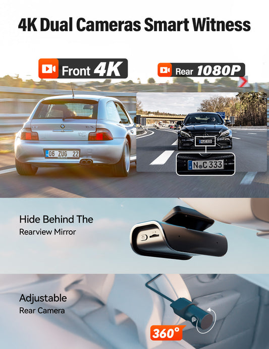 Dash Cam Front And Rear 4K Built-in 5GHz WiFi, Focuway T5 Dash camera Dual Dash Cam Front 4K Rear 1080P Hidden Dash Camera for Cars