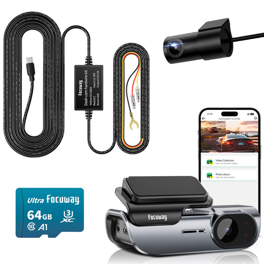 FOCUWAY T5 Dash Cam + FOCUWAY Hardwire Kit, Dash Cam Front And Rear 4K Built-in 5GHz WiFi, Loop Recording, Emergency Lock, 24 Hrs Parking Protection Record