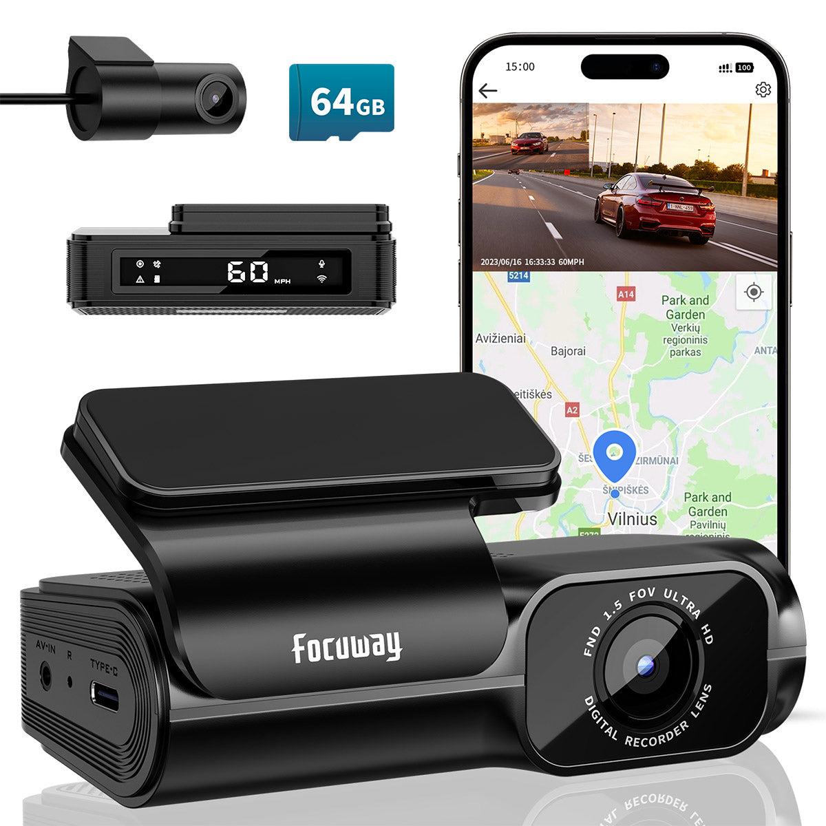 Dash Cam Front and Rear 4K, Built-in 5GHz WiFi GPS Speed, FOCUWAY T6 Dual Dash Camera for Cars Superb Night Vision, Super-Capacitor, 24Hrs Parking Monitor, WDR, Type C