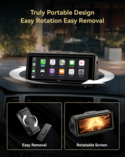 Focuway Portable Smartscreen HiFi Stereo, Built-in Customized Speakers, Support Wireless Apple Carplay & Android Auto, with Voice Control, Navigation, BT5.0, AUX/FM Transmitter (Black)