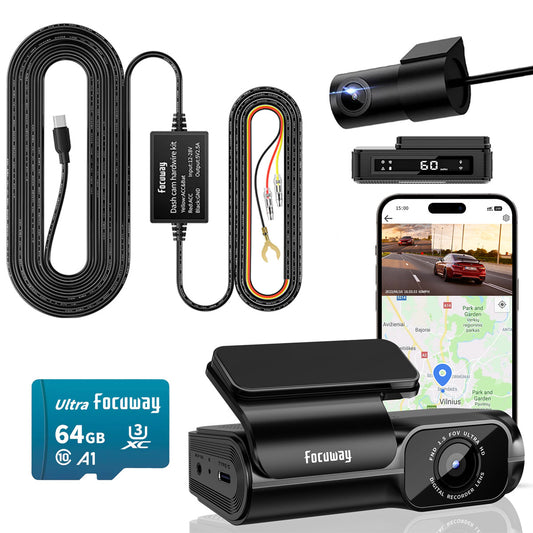 Focuway T6 Dash Cam + Focuway Hardwire Kit, Dash Cam Front and Rear 4K, Built-in 5GHz WiFi GPS Speed, Loop Recording, Emergency Lock, 24Hrs Parking Monitor Record